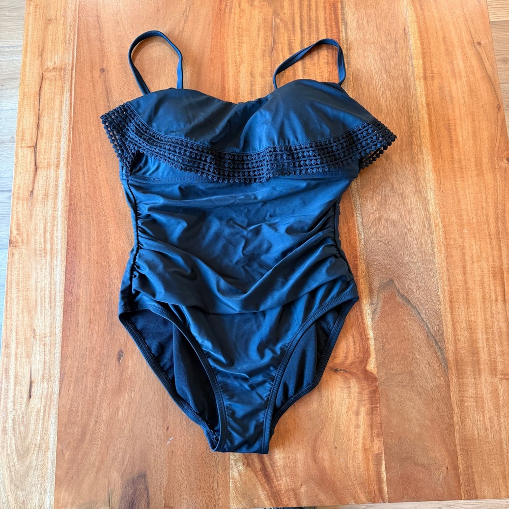 Kona Sol Women's Black Ruched OnePiece With Bust Ruffle Size M